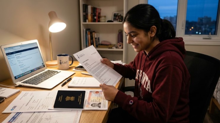 Student preparing study abroad visa documents after receiving university offer